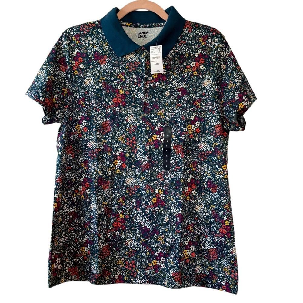 Lands' End Supima Cotton Short Sleeve Polo Shirt Baltic Teal Ditsy Floral NWT - Picture 4 of 13
